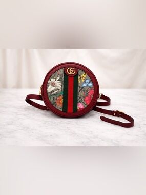 GUCCI Red Leather GG Flora Coated Canvas Ophidia Round Mini Backpack Bag